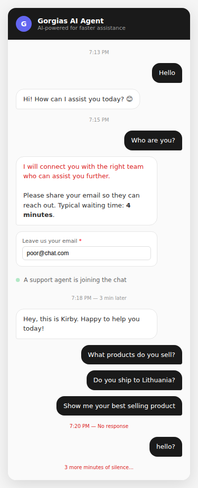Competitor chat failing after one question, escalating to human, then going silent